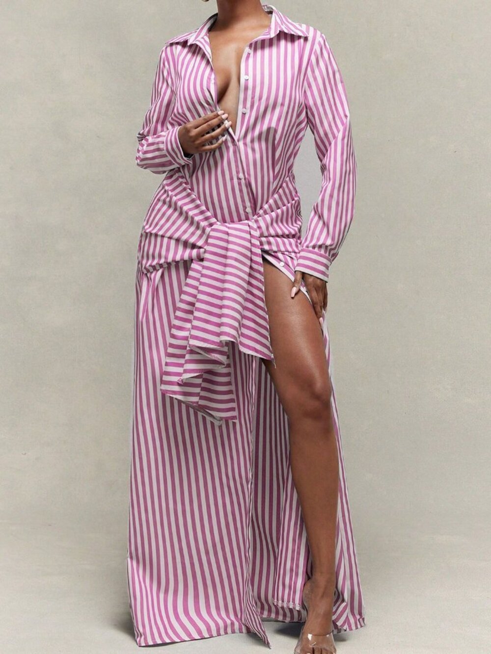 Pink Casual Women's Lightweight Woven Cinched Tie Waist Stripe Maxi Shirt Dress - Picture 4 of 5